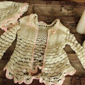 Vintage 1950s Baby Sweater and Bonnet, Ivory and Pink Knit Or Crochet Cardigan